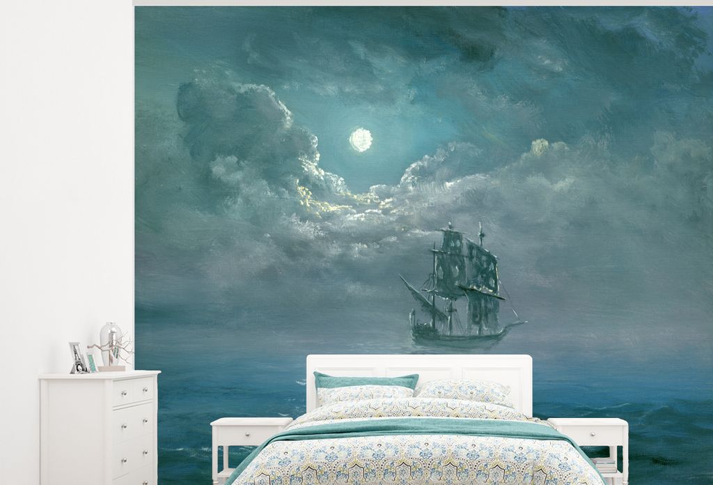 MuchoWow Fototapete für Wohnzimmer oder Schlafzimmer Wandtapete Vinyl Motivtapete Illustration eines Segelschiffs in der Nacht - 300x240 cm - Fo...
