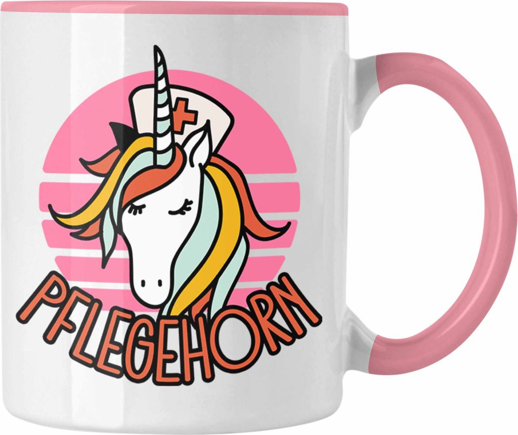 Trendation - Lustige Pflege Geschenkidee für Pflegerinnen Tasse Einhorn "Pflegehorn" Spruch (Rosa)