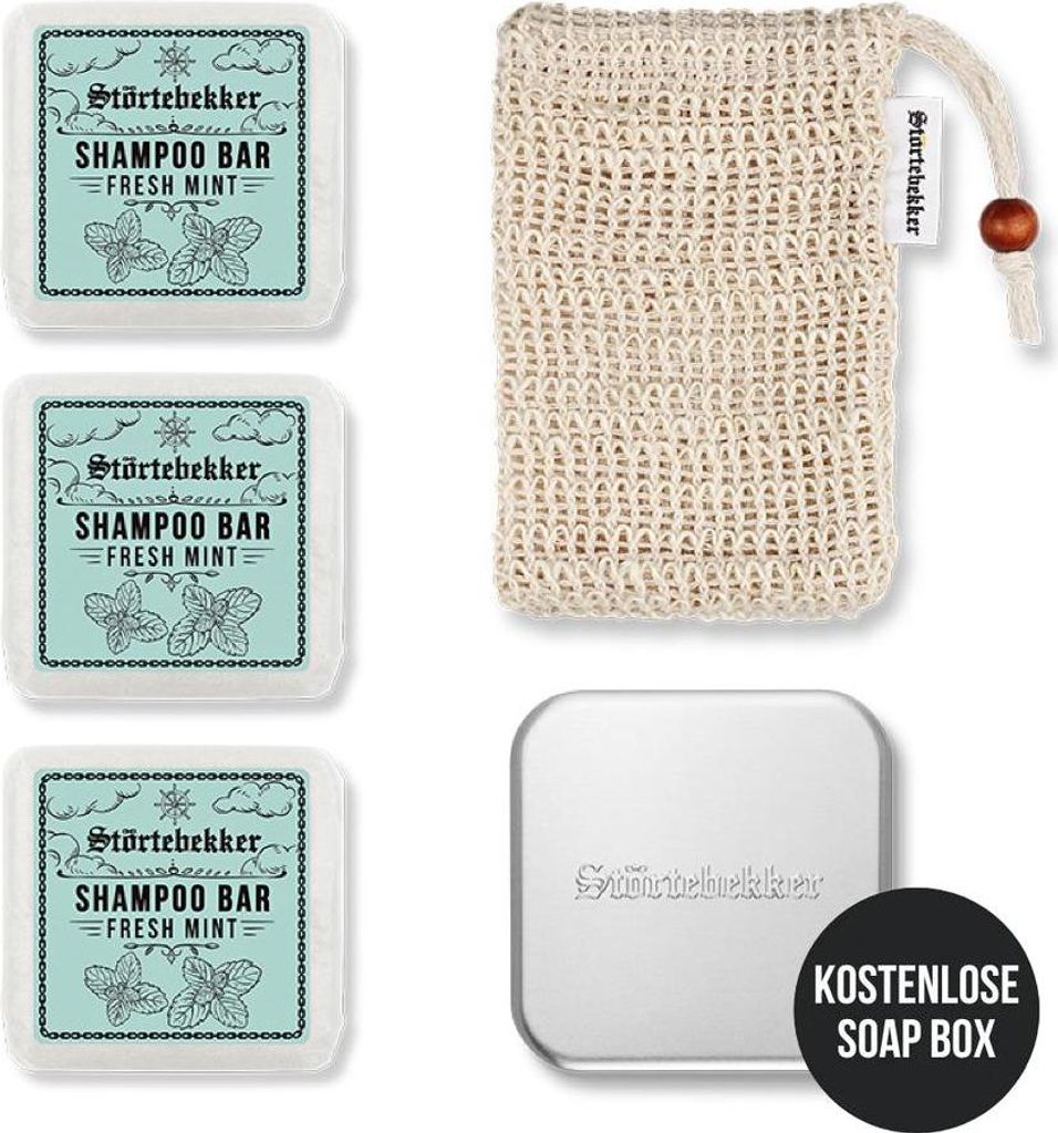 Störtebekker Duschset - 3 x festes Shampoo (Fresh Mint), Sisalsäckchen und GRATIS Seifendose - für die tägliche Pflege - Haar, Körper & Gesicht