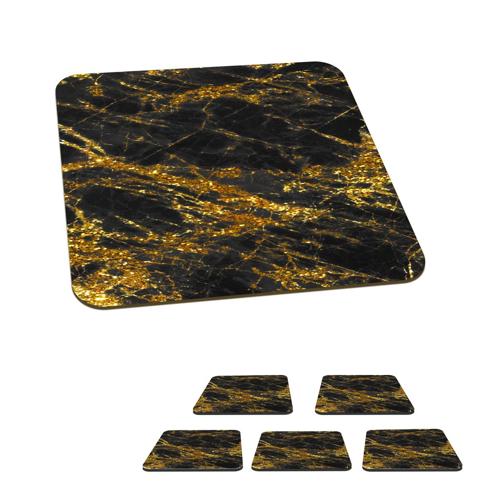 KitchenYeah Glasuntersetzer Quadratisch 6er Set Marmor - Schwarz - Gold - Glitter 10x10 cm Untersetzer für Gläser - Getränkeuntersetzer - Tis...
