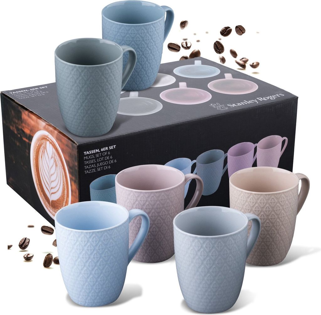 Stanley Rogers 6-teiliges Tassen-Set Kaffeetassen in modernem Rautendesign Hochwertiges New Bone Material in Pastelltönen Perfekt für Heißgeträ...