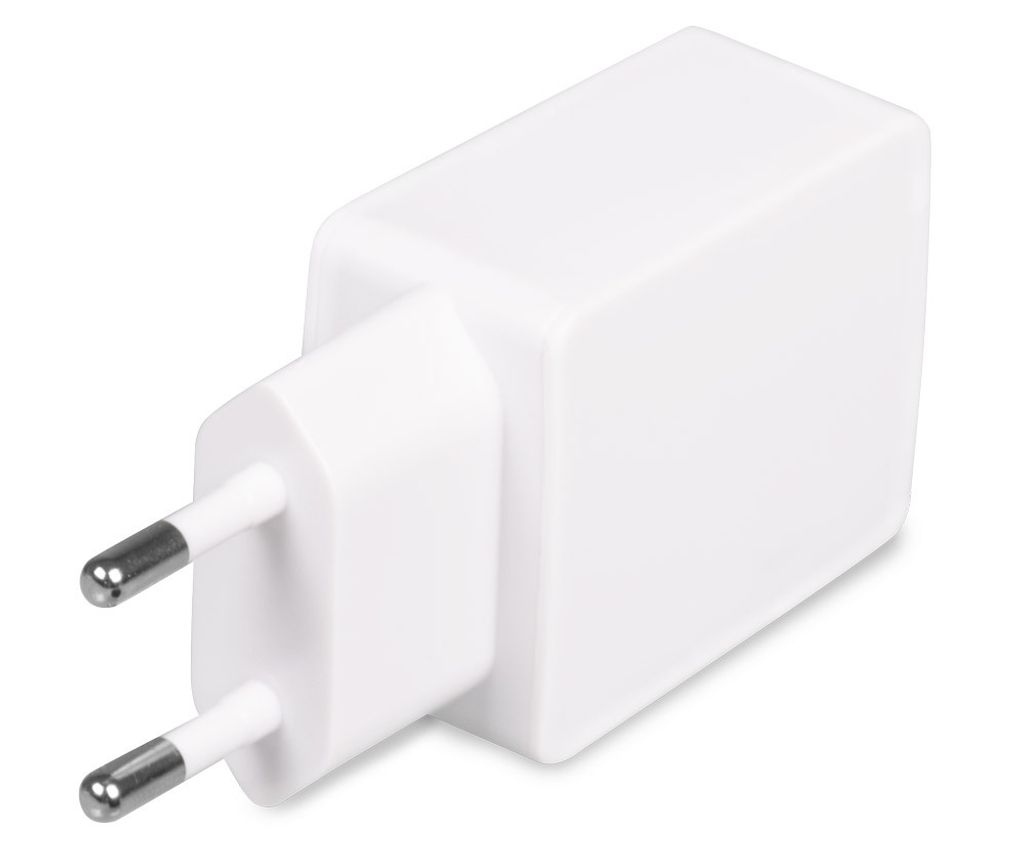 A white USB charger adapter with two prongs for a European outlet.