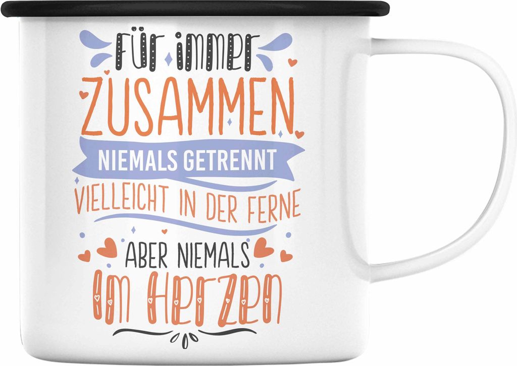 Trendation - Fernbeziehung Geschenk für Ihn Sie Emaille Tasse mit Spruch Valentinstag Geburtstag Geschenk Freund (Schwarz)