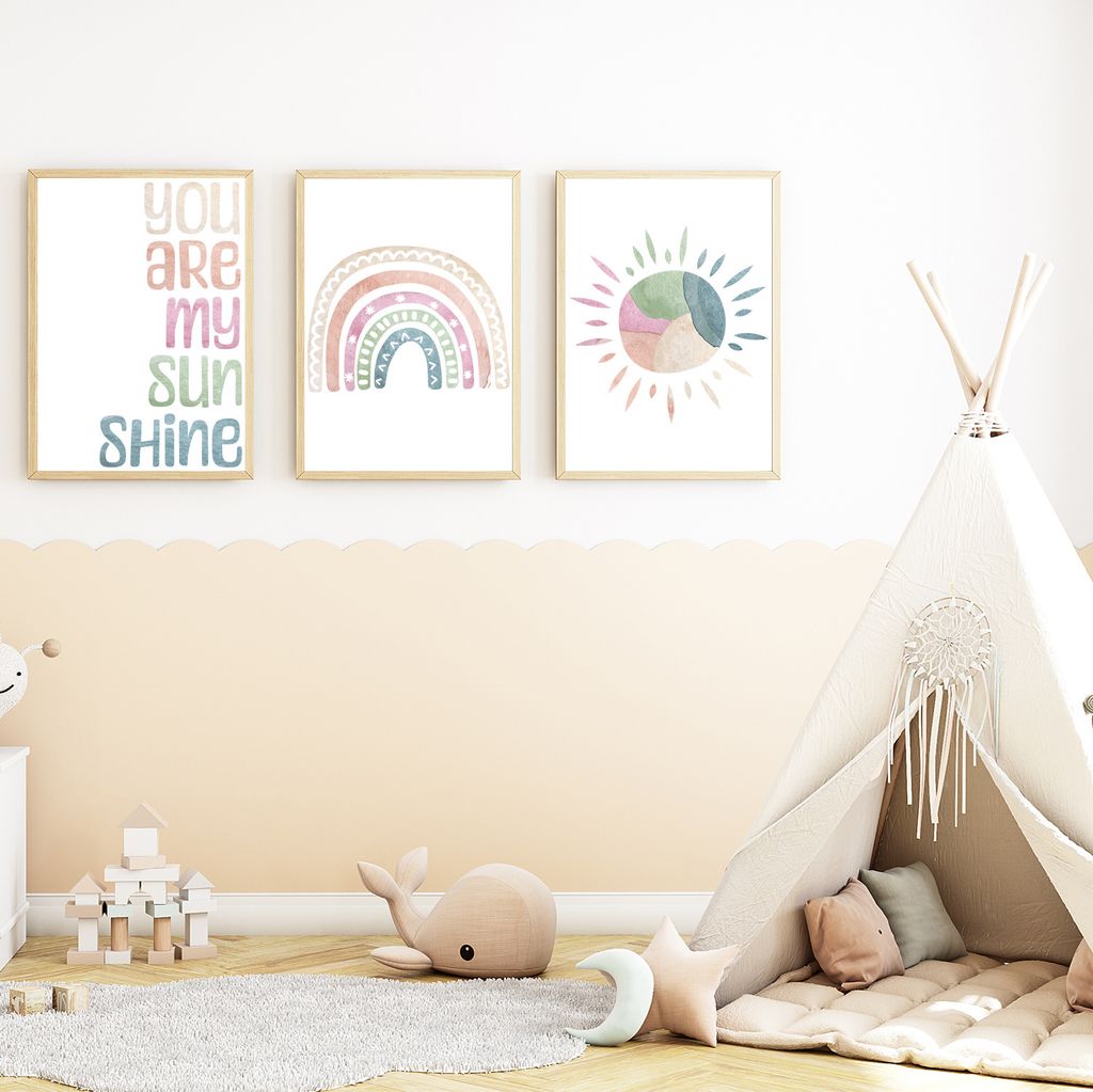 You are my Sunshine 3er Set Bilder Regenbogen Boho Kinderzimmer Deko DIN A4 Poster Babyzimmer Wandbilder
