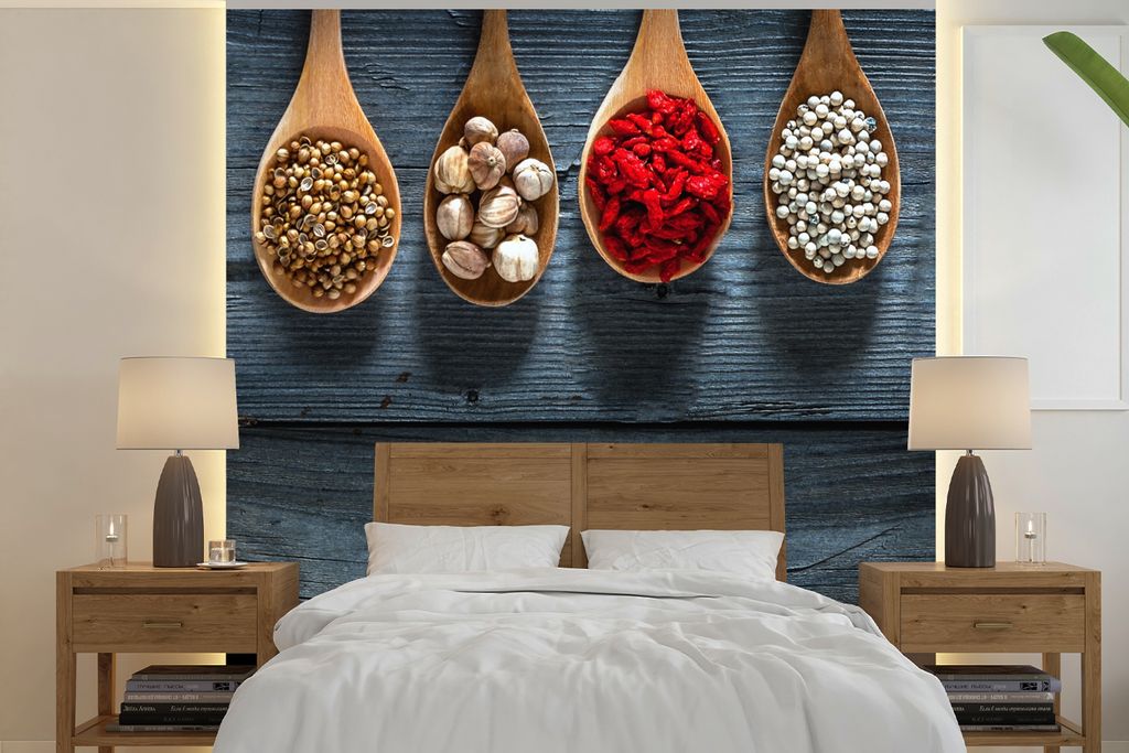 MuchoWow Fototapete für Wohnzimmer oder Schlafzimmer Wandtapete Vinyl Motivtapete Gewürze - Löffel - Holz - Küche - Gewürze - Industrie - 24...