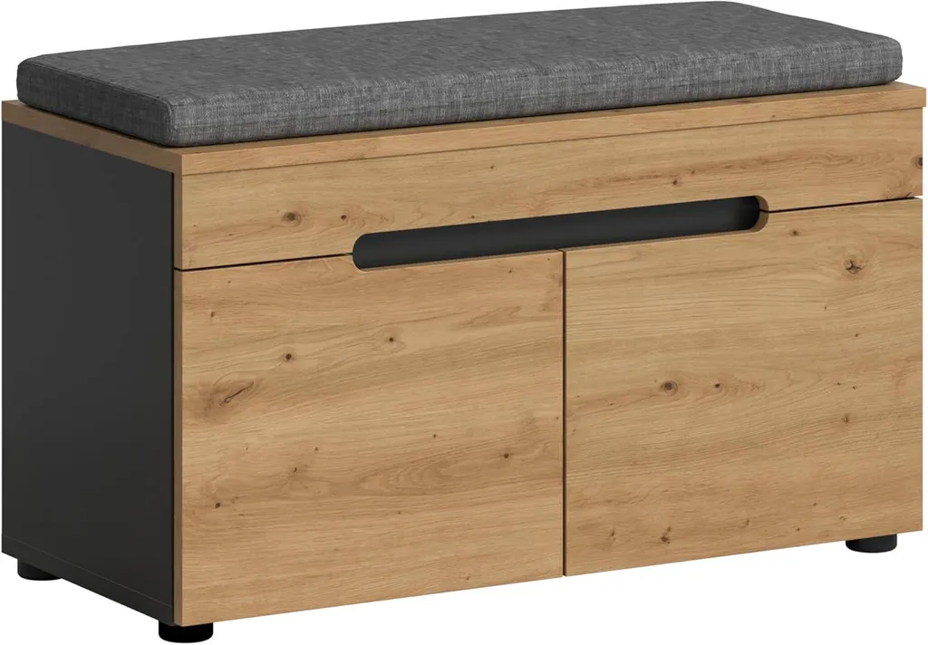 Banc Canu 2 portes chêne et coussin gris pour un rangement optimal