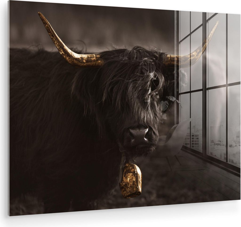 MuchoWow Glasbilder - Bilder auf Wandbild - Foto auf Glas Schottisches Hochlandrind - Gold - Kuhglocke - Hörner - Tiere 80x60 cm Wanddekoration au...