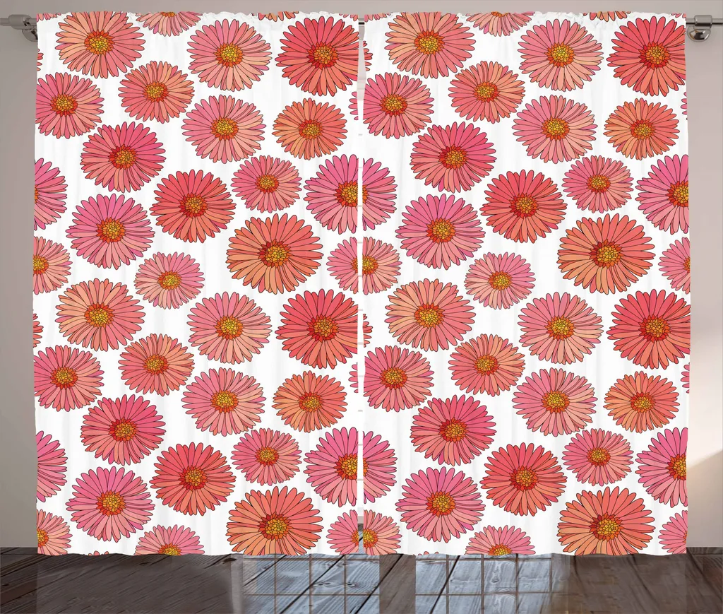 ABAKUHAUS Tenda rustica Aster, campo di fiori rosa in fiore, tende universali per soggiorno con passanti e ganci, 280 x 175 cm, corallo bianco e rosa