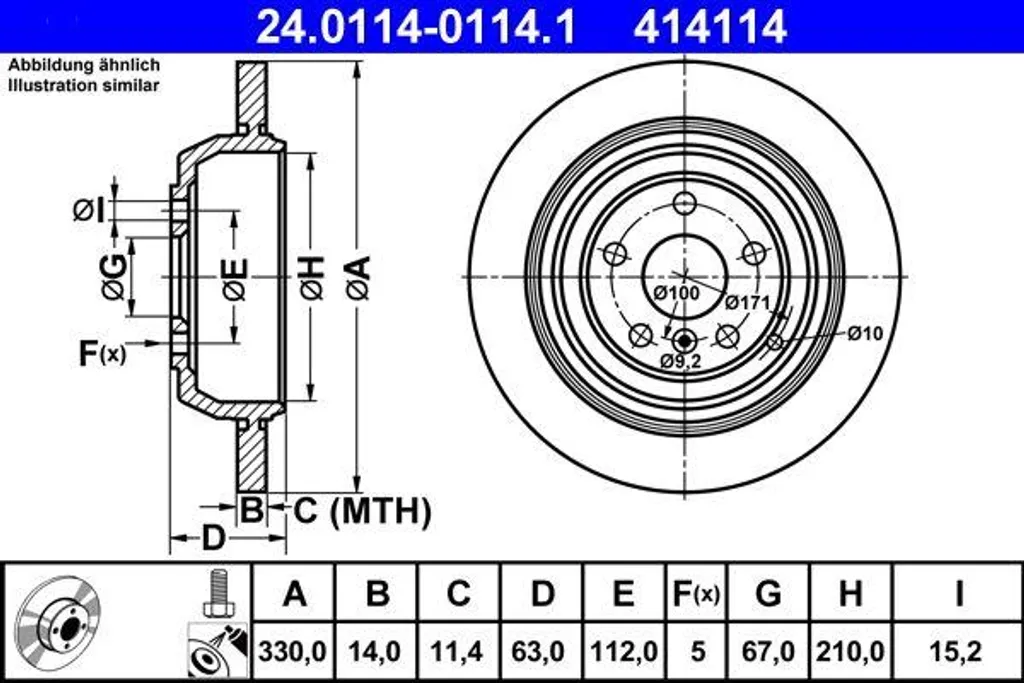 Disque de frein ATE 24.0114-0114.1 haute teneur en carbone Classe M / R