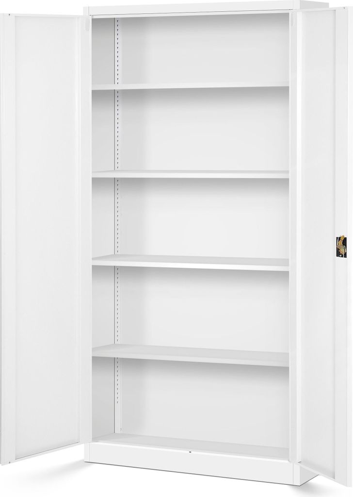 An open, empty white metal cabinet with multiple shelves.