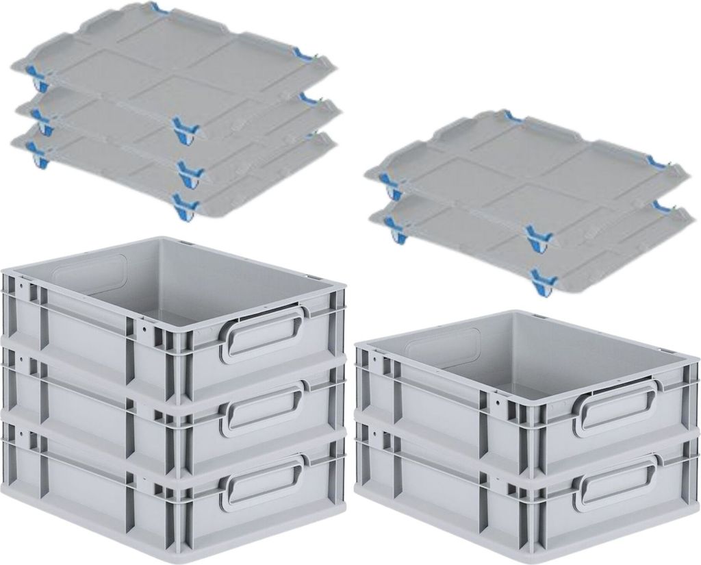 SparSet 5x Eurobox NextGen Grip mit Auflagedeckel inkl. 4 blauen Schiebeschnappverschlüssen | HxBxT 12x30x40cm | 11 Liter | Griffe geschlossen | G...