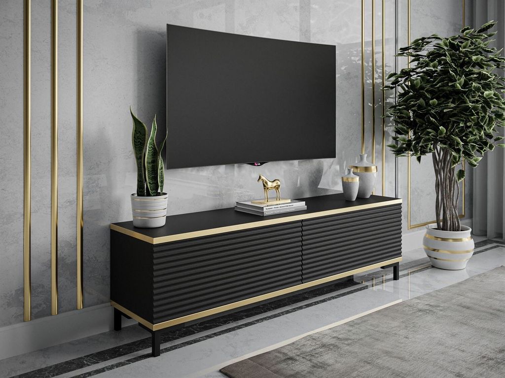 RTV Schrank OXFORD II 135 cm, Schwarz / schwarz matt + gold, Beine: Schwarz