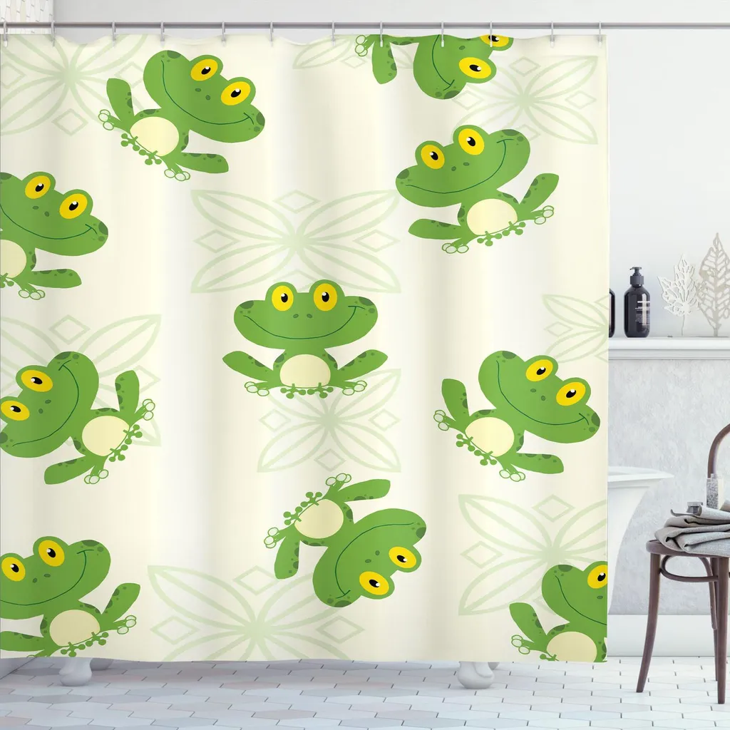 ABAKUHAUS Tenda da doccia con rane, motivo ripetitivo gioioso di sorrisi felici di anfibi, 175 x 220 cm, avorio verde chiaro