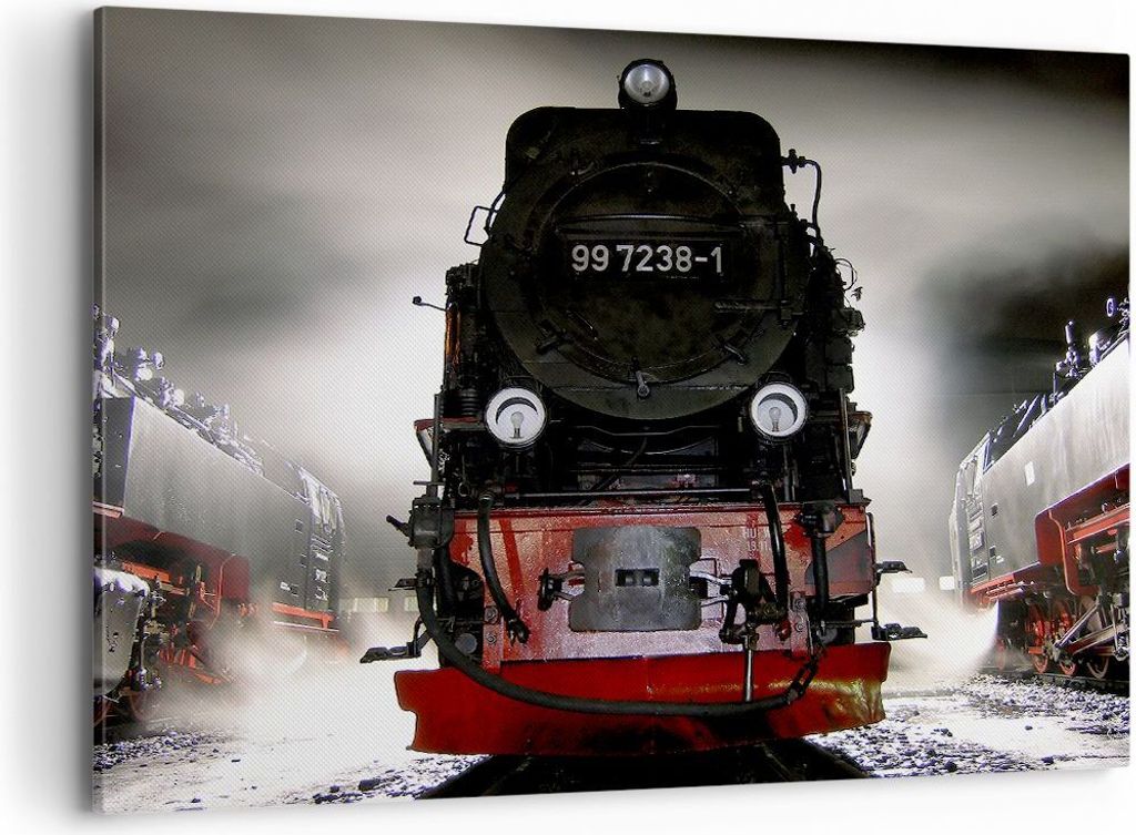 Bild auf Leinwand - Leinwandbild - Dampflokomotive Gleise Nebel - 100x70cm - Wand Bild - Wanddeko - Leinwanddruck - Bilder - Kunstdruck - Wanddekor...