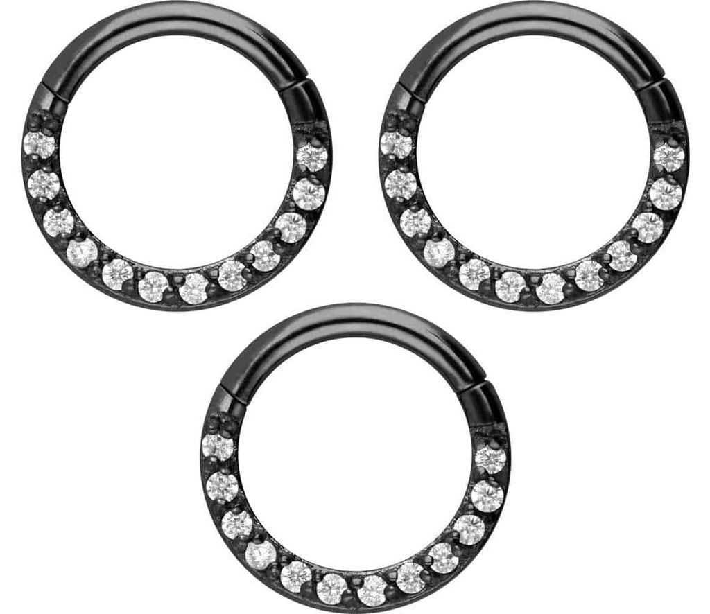 Ohrpiercing, Nasenpiercing, Septum Piercing SET Chirurgenstahl Segmentring Clicker EINGEFASSTE KRISTALLE Schwarz Innendurchmesser: 7mm | 3er SET