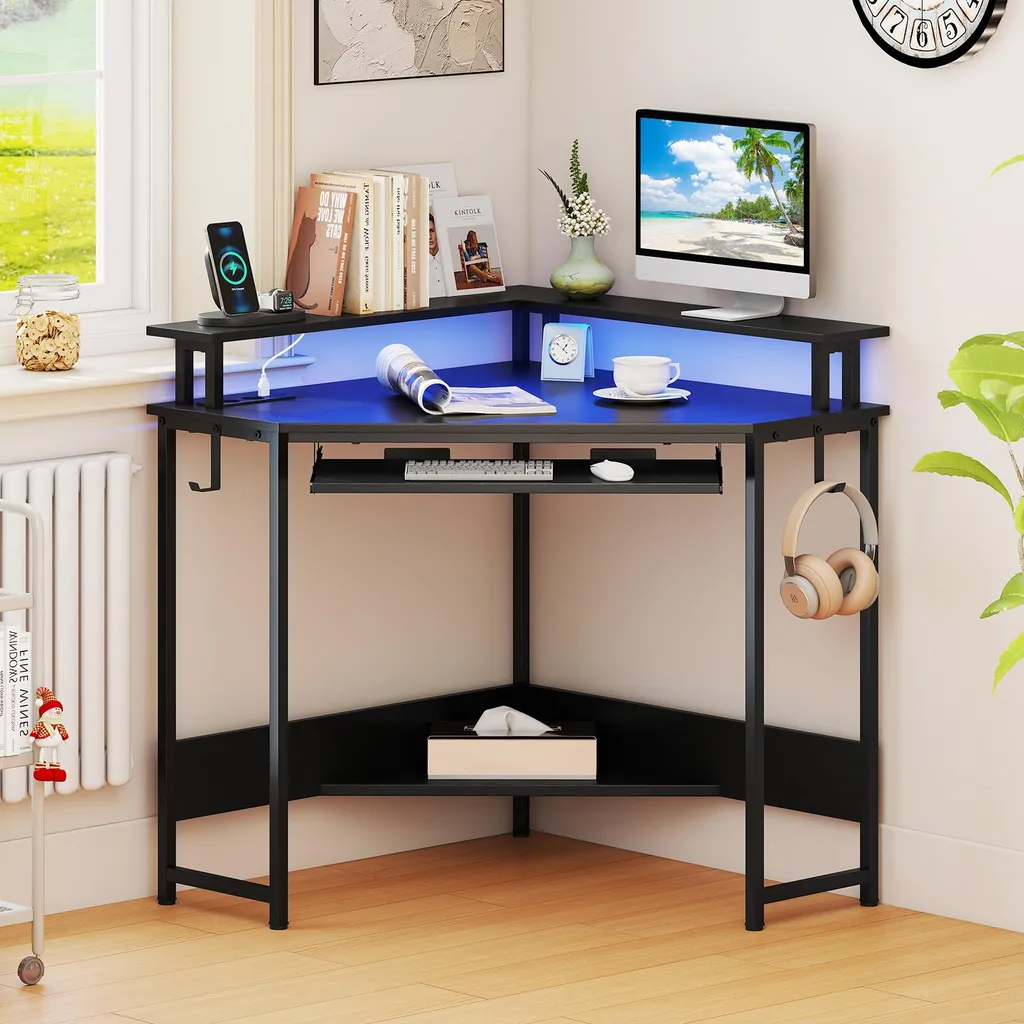 Bureau informatique LED avec tablette clavier coulissante table d'angle - 2