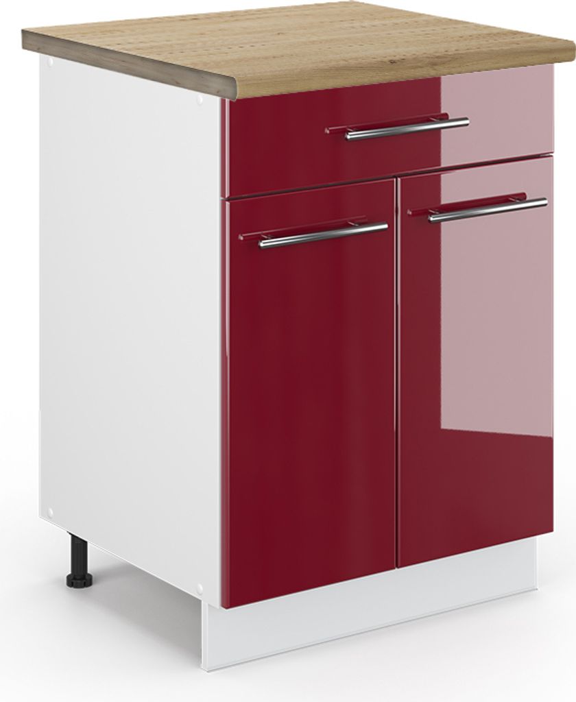 Küchenunterschrank Vicco Fame-Line Bordeaux Hochglanz 60 cm mit Schublade, AP Eiche, Model 46725