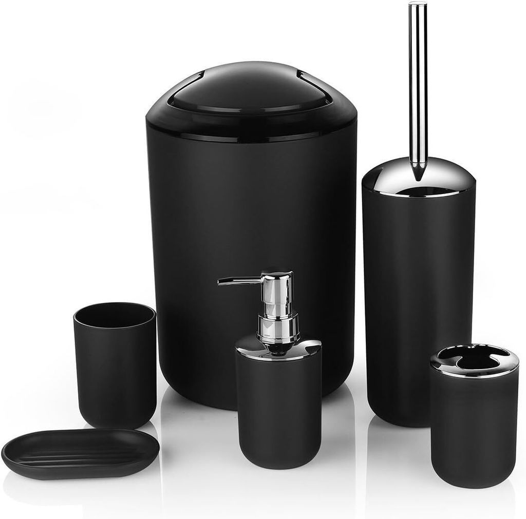 6-teiliges Bad Accessoire Set | Badezimmer Set Calvo schwarz matt, 6-teilig aus Kunststoff