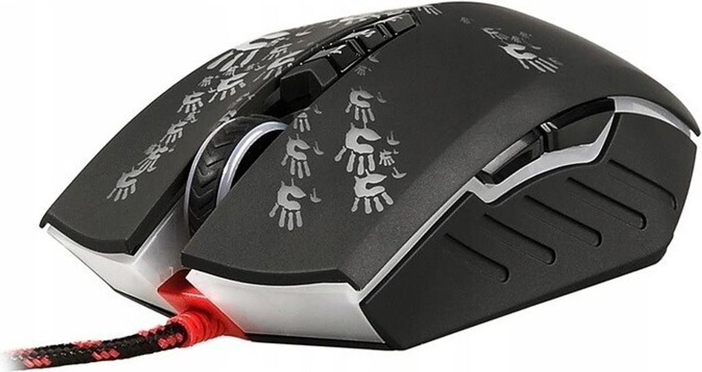 A close-up, angled view of a black gaming mouse with silver accents and a red braided cable, set against a white background.