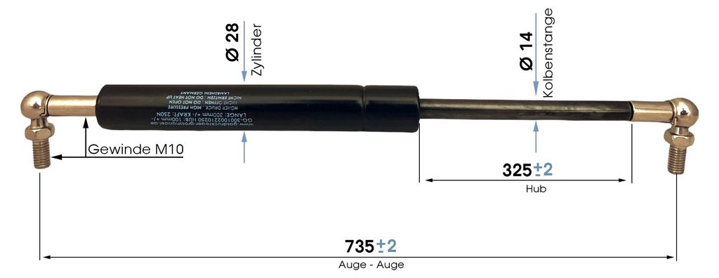 Gasdruckfeder Pferdeanhänger Kugelkopf 735mm/325mm 750N-2.500N M10