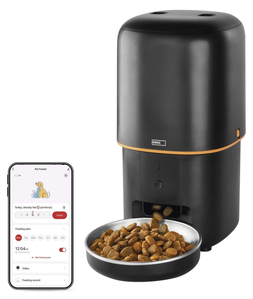 EMOS GoSmart Futterautomat 4l, WLAN Pet Care mit App, für Katze & Hund mit Zeitplan, Sprachaufzeichnung, Dosierung 1–10 Mahlzeiten, Schwarz, H6002