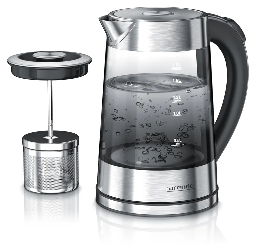 Arendo Bouilloire Inox et Verre Fumé Infusion 1,7L avec Passoire à Thé