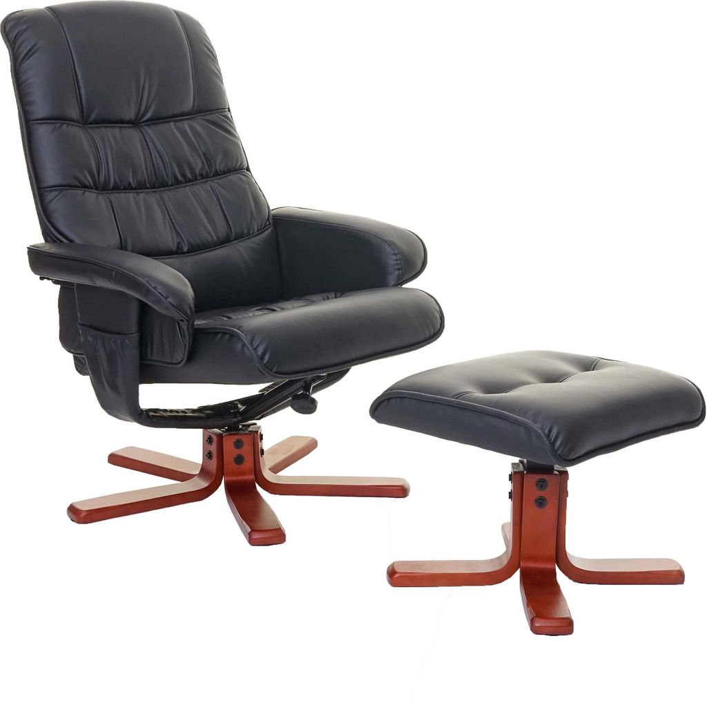 Relaxsessel MCW-E30, Fernsehsessel Liegesessel TV-Sessel mit Hocker Kunstleder schwarz
