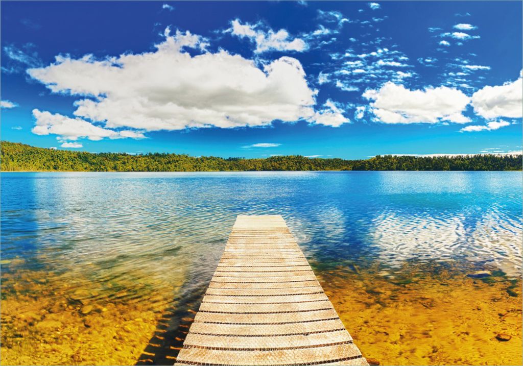 Wallario Poster - Klarer See mit Steg - Blauer Himmel, Kunstdruck Größe: 70 x 100 cm