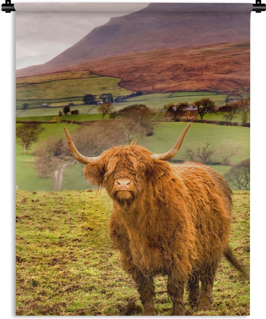 MuchoWow Wandteppich Wandbehang Schottischer Highlander - Berg - Herbst 120x160 cm Tapisserie Dekoration Wandtuch - Wohnzimmer - Moderne