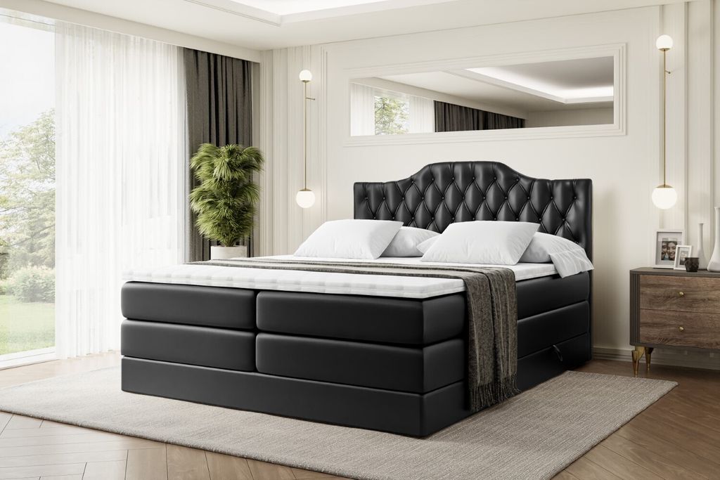 ALTDECOR Boxspringbett mit 2 Matratzen und Topper - 160x200 cm - VILA-1 KING - Schwarz Kunstleder - Polsterbett mit, H3- und H4- Matratzen, Bettkas...