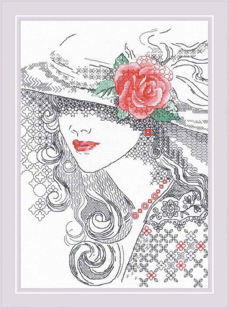 Riolis Blackwork Stickset "Mysteriöse Rose" 21x30cm, Produktbild 