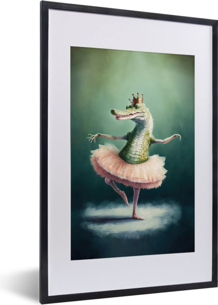 MuchoWow Gerahmtes Poster Krokodil - Krone - Gold - Ballett - Porträt 40x60 cm - Poster mit Schwarzem Bilderrahmen Wandposter Rahmen Foto Bilder...