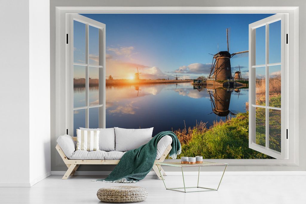 MuchoWow Fototapete für Wohnzimmer oder Schlafzimmer Wandtapete Vinyl Motivtapete Aussicht - Wasser - Mühle - 390x260 cm - Papiertapete