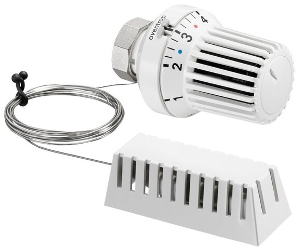 A white thermostat valve with a connected capillary tube and a white sensor housing, isolated on a white background.
