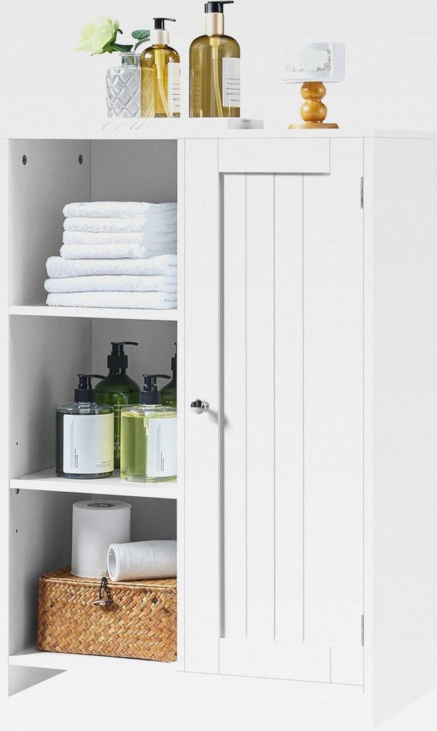 Badezimmerschrank, Freistehender Badschrank mit 1 Tür und 3 Offenen Ablagen, Kommode mit 1 Verstellbaren Einlegeboden, Aufbewahrungsschrank für B...