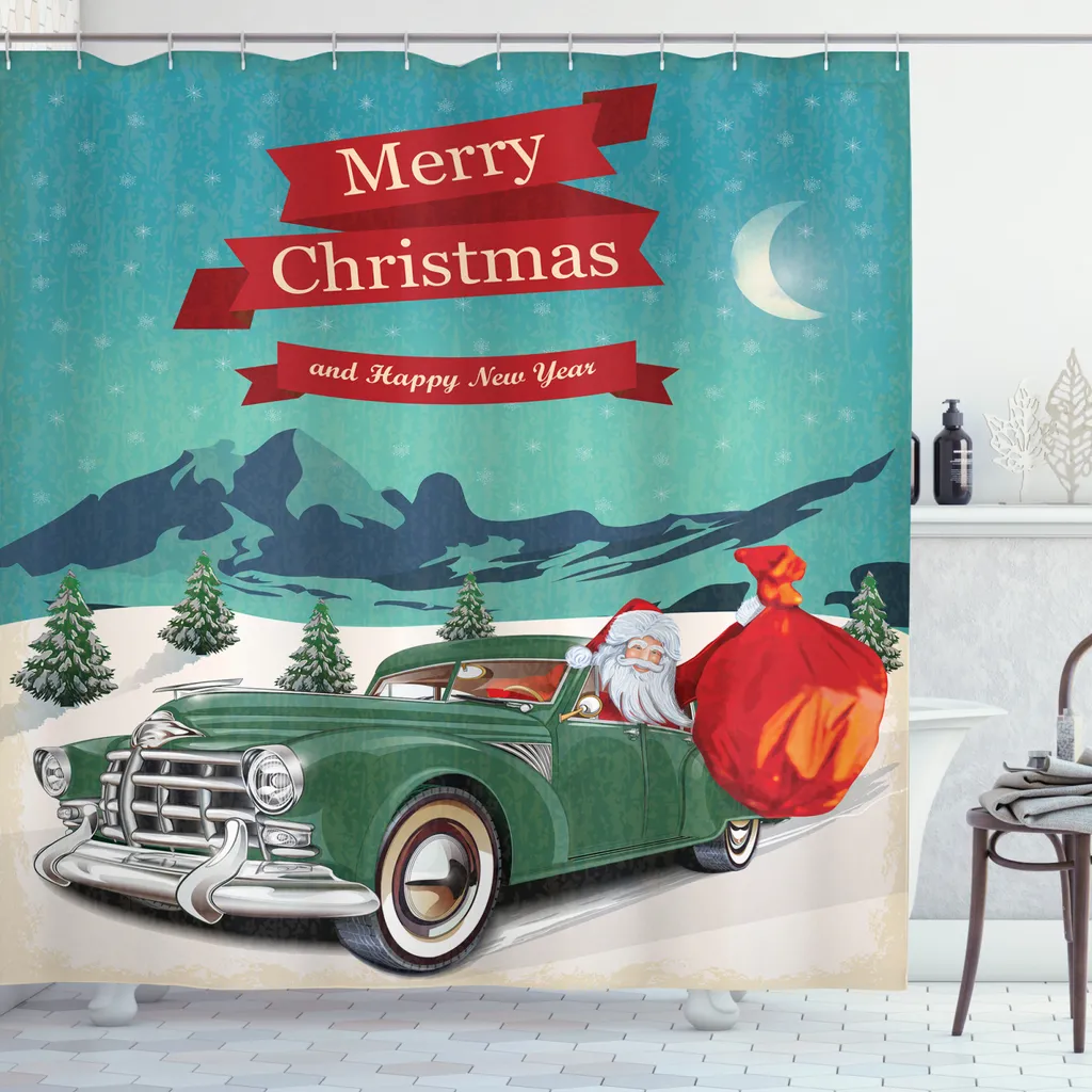ABAKUHAUS Rideau de Douche Noël Père Noël en Voiture 175x240cm