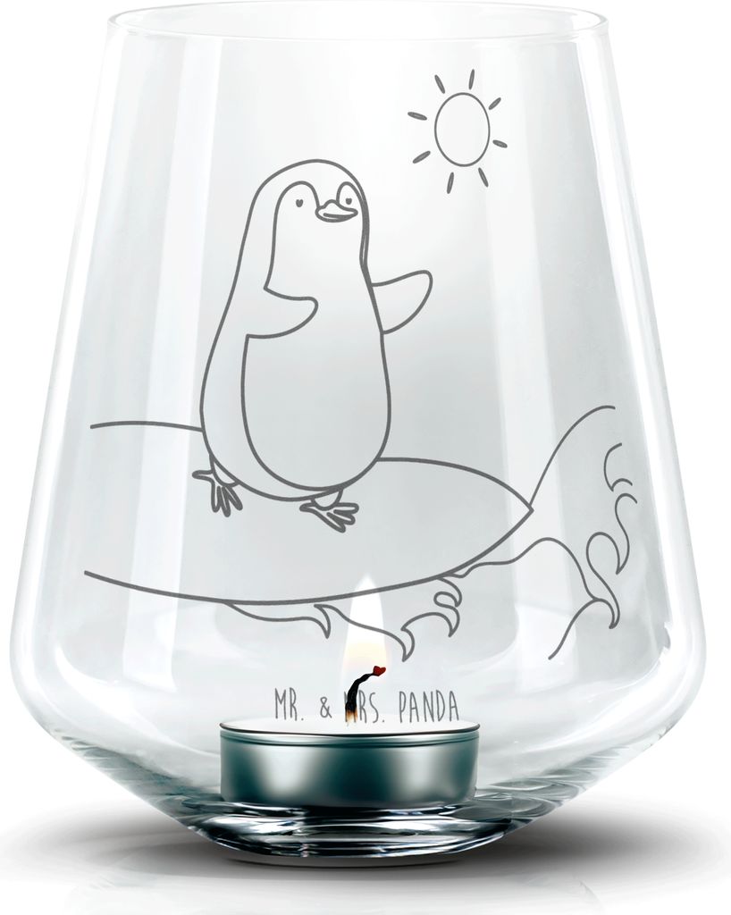Mr. & Mrs. Panda Laterne Pinguin Surfer - Transparent - Geschenk, Urlaub, Portugal, Glas Teelichthalter, Kerzenhalter, gravur, Wellen Reiten, Optim...