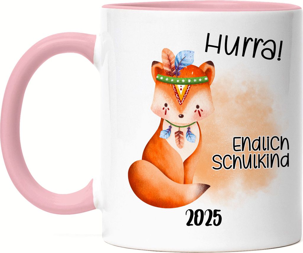 Endlich Schulkind 2025 Fuchs Tasse Rosa Schulanfang Patenkind Einschulungs-Geschenk Schuleinführung