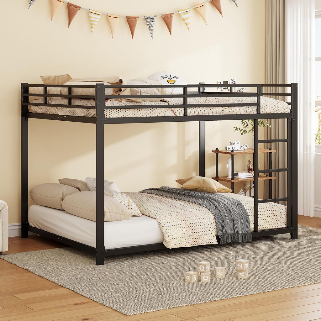 Merax Etagenbett 140x200 cm, Metall Stockbett mit Sicherem Geländer, Klassischer Minimalismus Kinderbett, Jugendbett, Schwarz