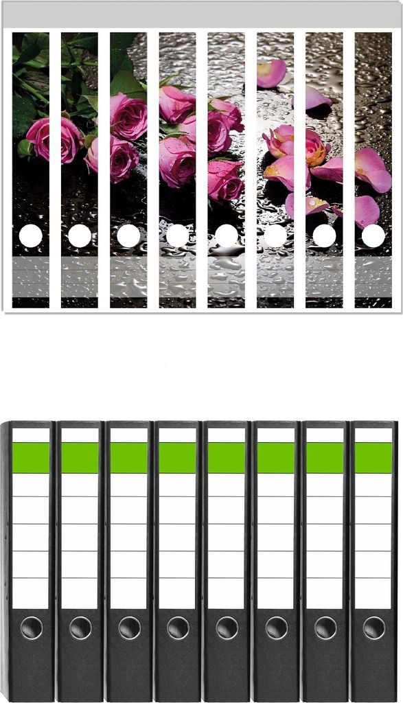 Wallario 8 Stück schmale Ordner inkl. Klebeetiketten mit Motive Pinke Rosen mit Wassertropfen - Set mit Rückenschildern / Ordnerrücken Stickern