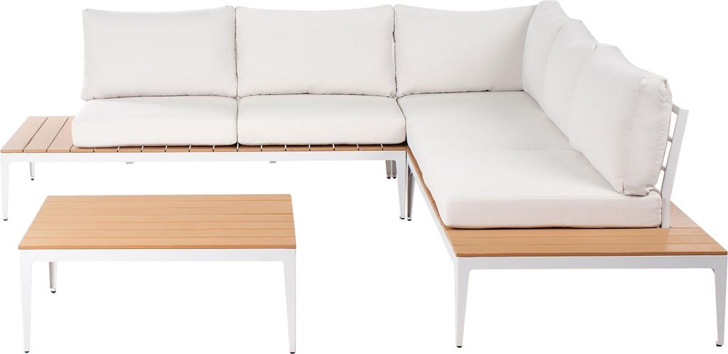 BELIANI 5-Sitzer Lounge Set mit Tisch Weiß Aluminium u. Kunstholz inkl. Auflagen Cremeweiß Terrasse Outdoor Garten Ecksofa mit Couchtisch Modern