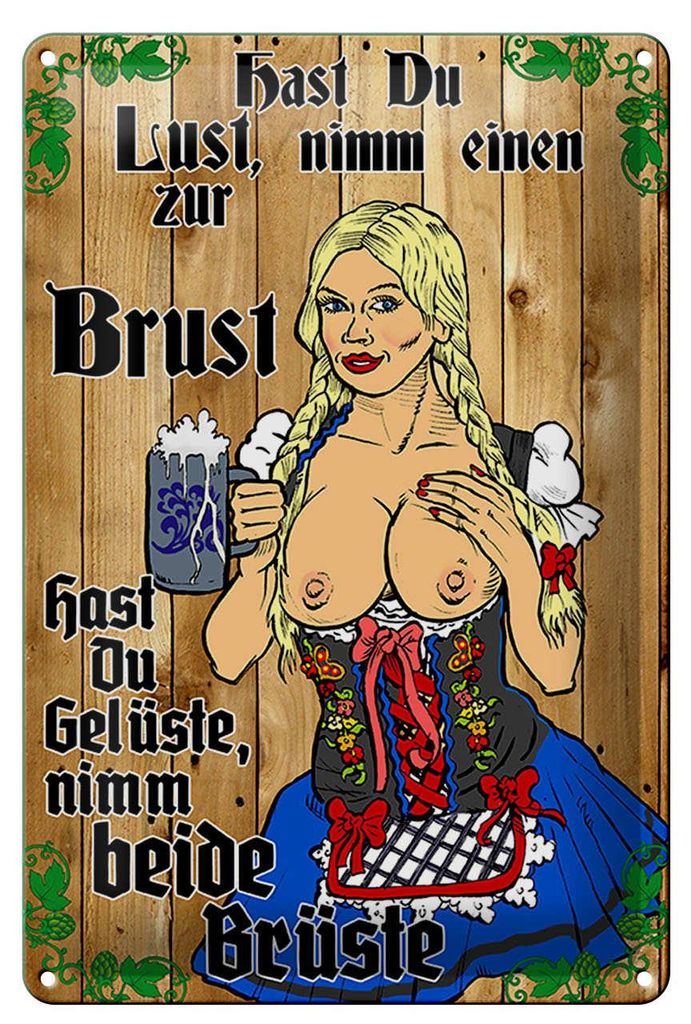 Blechschild Pinup 20x30cm Nimm einen zur Brust Bier