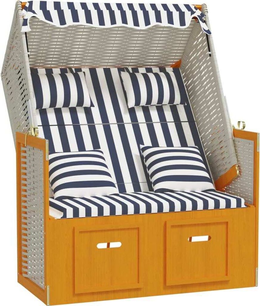 Strandkorb mit Kissen Poly Rattan & Massivholz Weiß & Blau