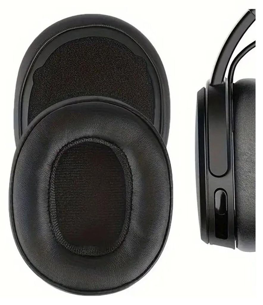 A pair of black replacement ear pads for headphones, shown next to a portion of the headphone itself.
