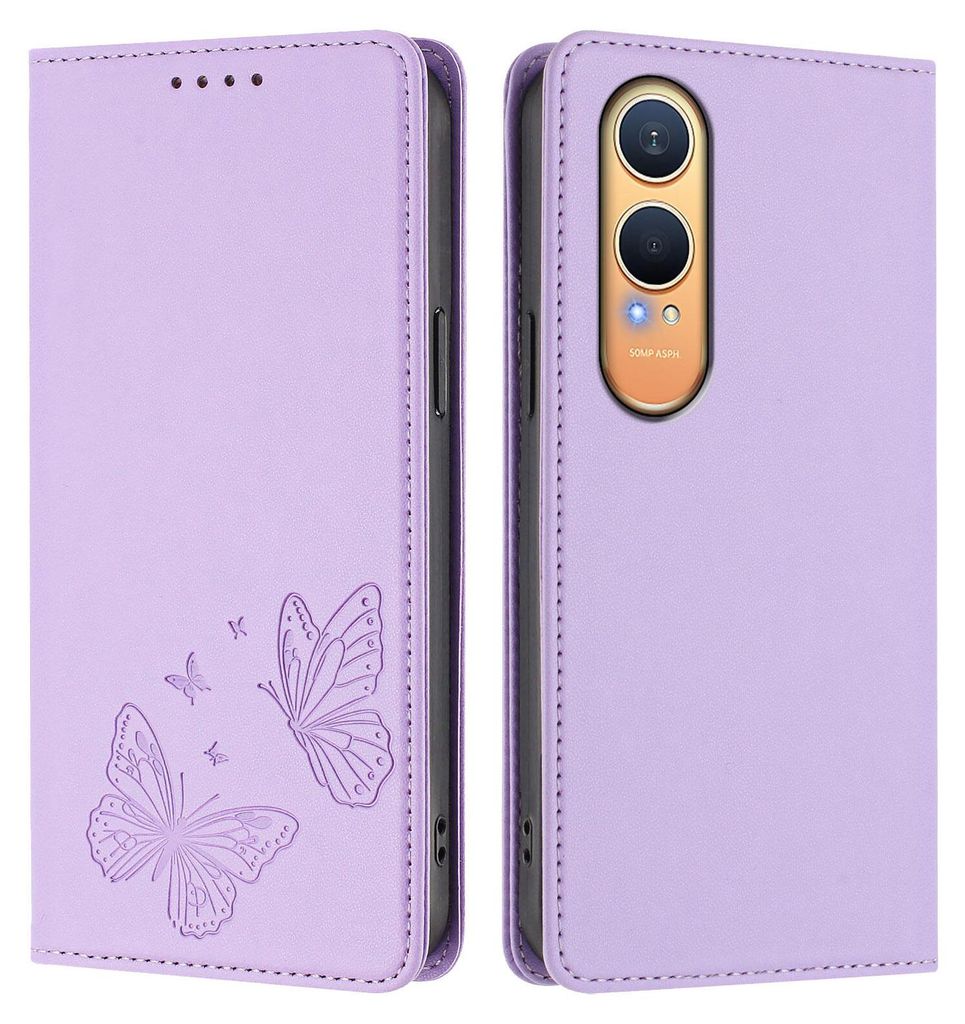Lederhülle für OnePlus Nord CE4 Lite, Schmetterling Prägung Leder Brieftasche Schutzhülle mit Ständer Violett