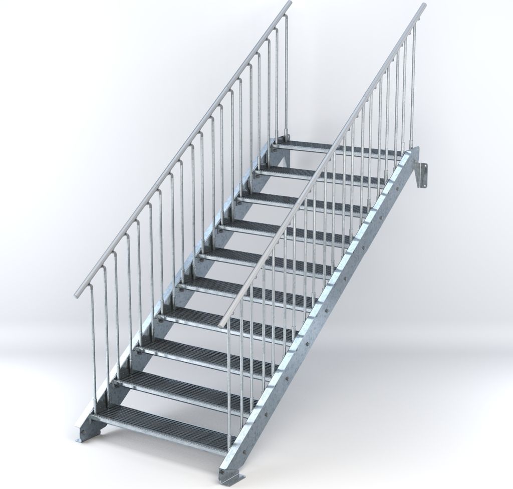 Stahltreppe 10 Stufen bis Höhe 200 cm, Laufbreite : 120 cm beidseitiges Geländer ST 1 (31 / 31 mm)