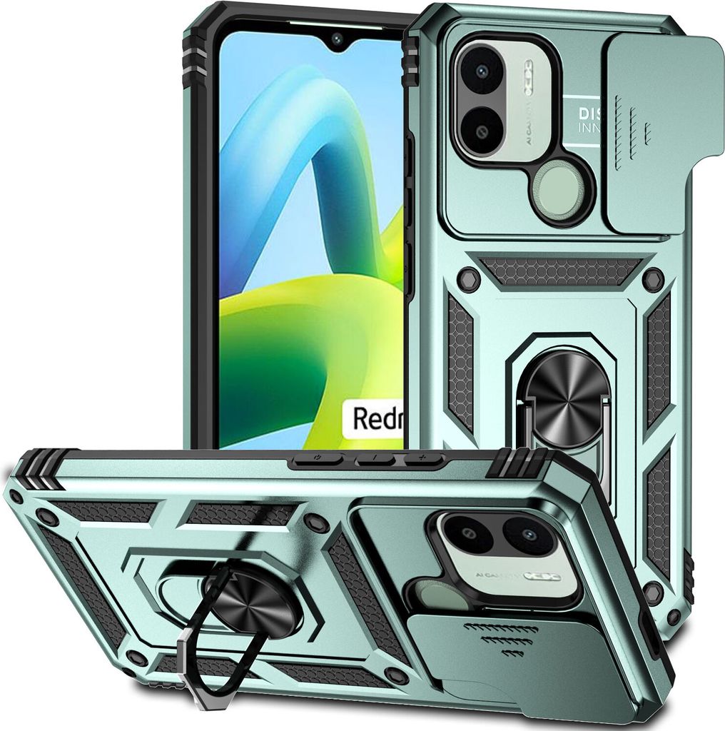 Redmi A1+ Hülle mit Schiebe Kamera Schutz und Ringhalter Ständer Robust Rüstung Schutzhülle für Xiaomi Redmi A1 / A1+ Grün