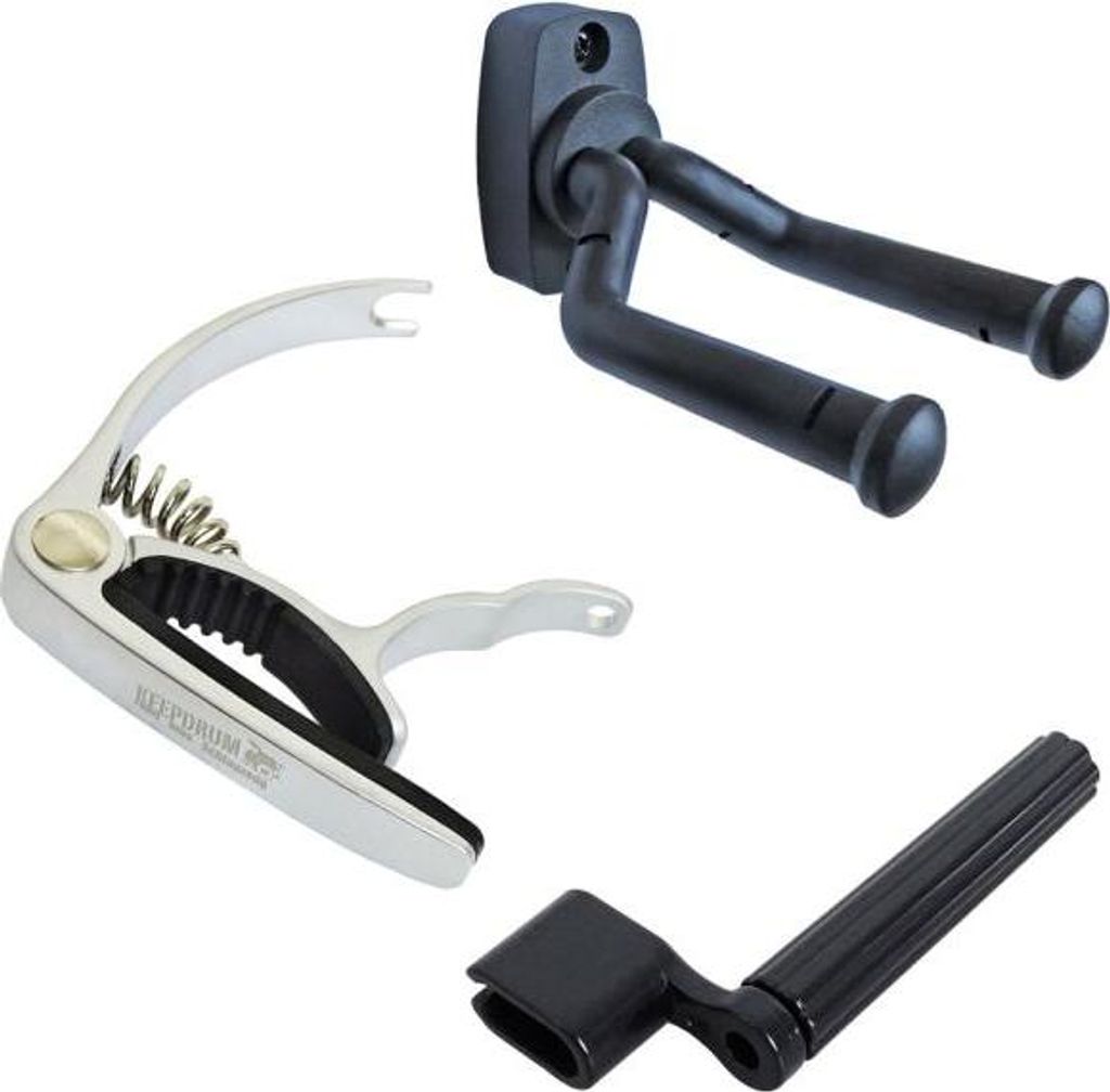 Gitarren-Zubehör-Set: Selbstklemmender Wandhalter, Kapodaster 54mm, Saitenkurbel mit Pin-Abzieher