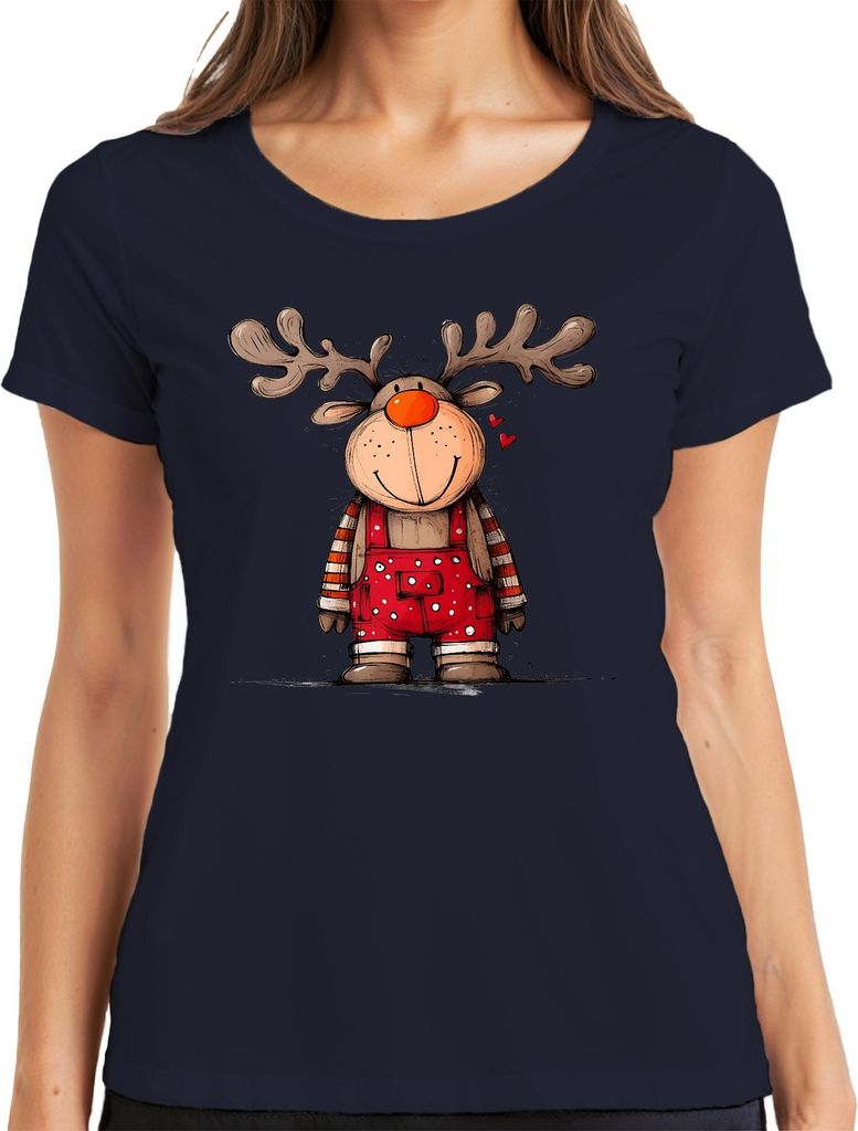 Niedliches Rentier Weihnachten Rot Latzhose Herzen Kinder Retro Damen T-Shirt, Navy, 3XL