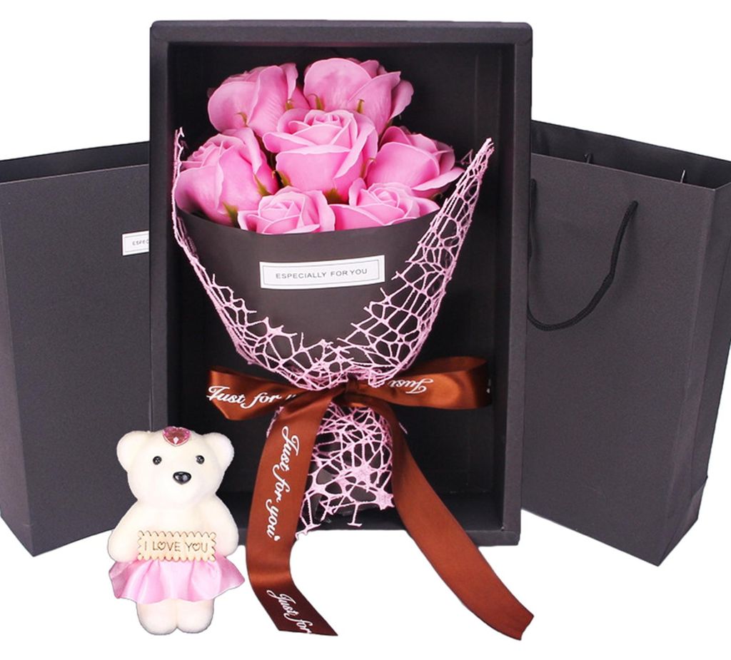 Valentinstag-Blumenstrauß mit Bär und Geschenkbox, 7 duftende Seifenblumen, künstlicher Rosen-Nelkenstrauß für Frauen, Mütter, Geburtstag, Ja...